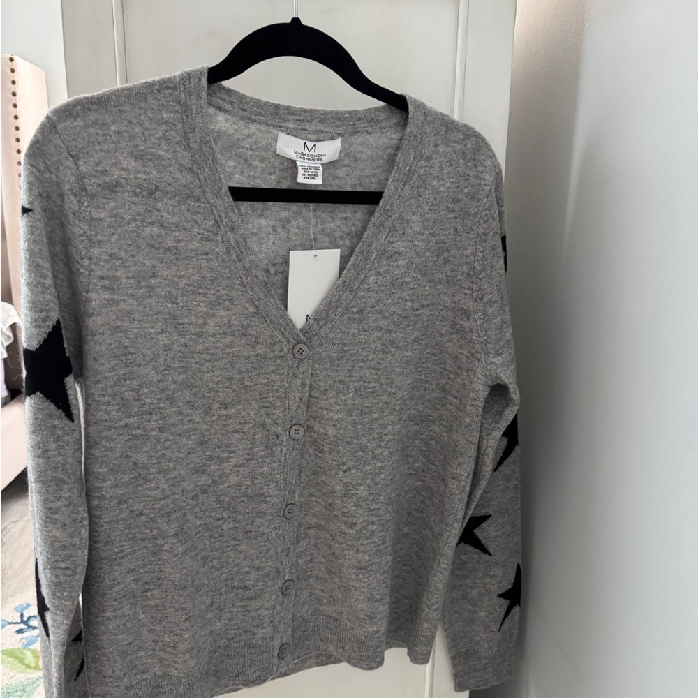 Gray Cardigan Sweater with Black Star Accents
